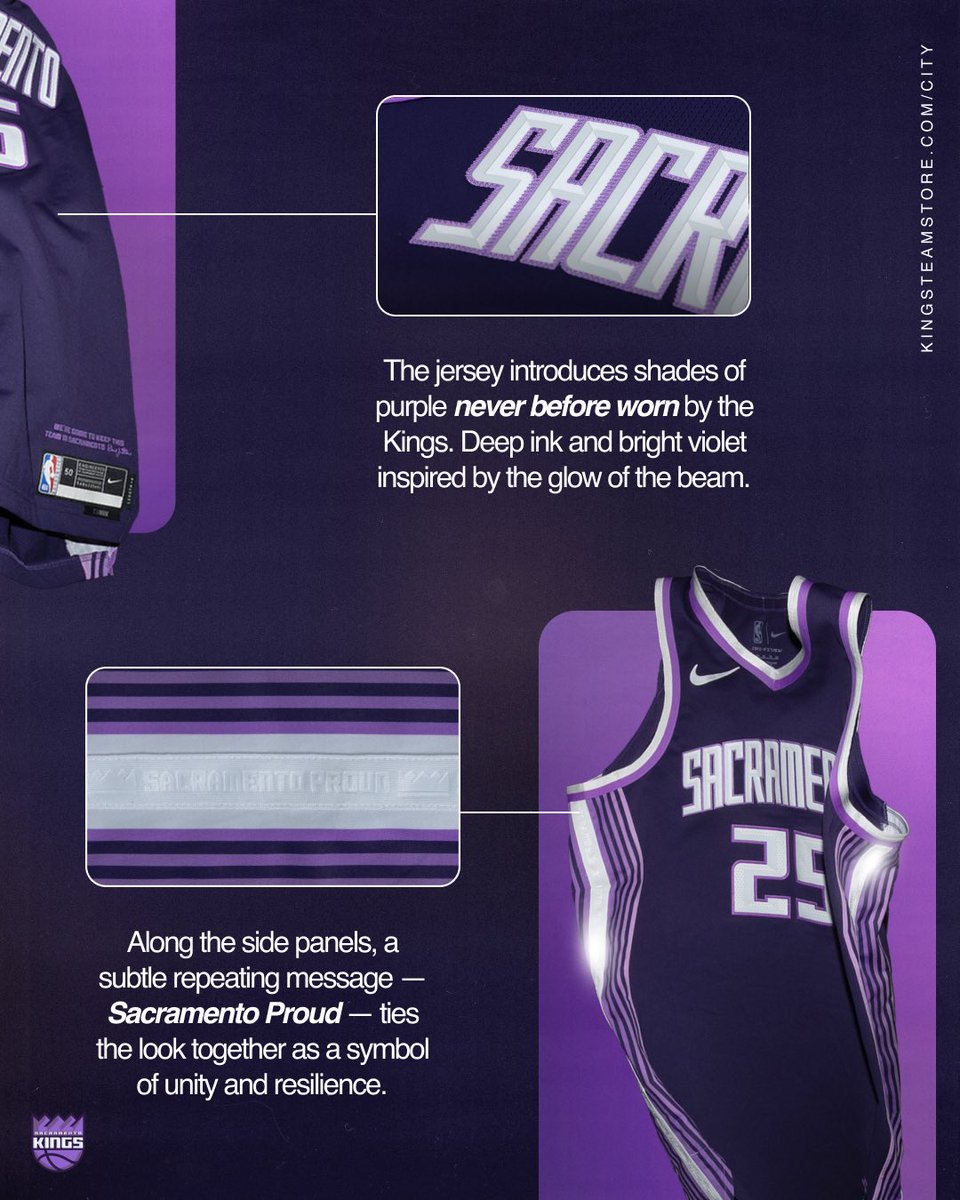 KingsTeamStore's tweet image. 📝 This seasons design is a bold remix of the fan-favorite 2022-23 Gray City Edition Jersey reimagined with a new story that shines light on the beam.

➡️ Visit KingsTeamStore.com/City to preorder