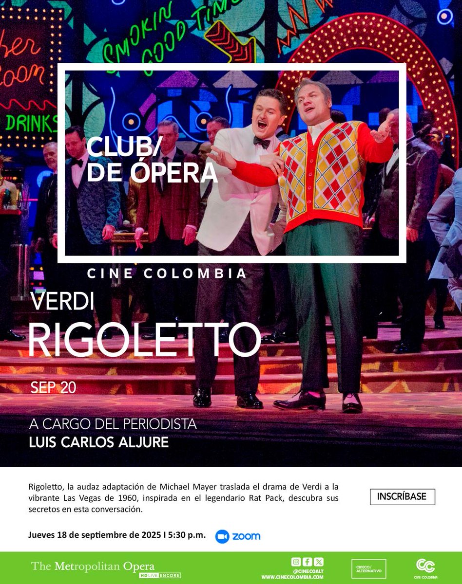¡Únase a nuestro CLUB DE ÓPERA! 🎭

Este jueves 18 de septiembre a las 5:30p.m.

Hablaremos con el periodista Luis Carlos Aljure sobre #Rigoletto de Verdi, uno de sus dramas más populares.

Única función: septiembre 20 🗓️

Regístrese en el enlace 🔗
us02web.zoom.us/meeting/regist…