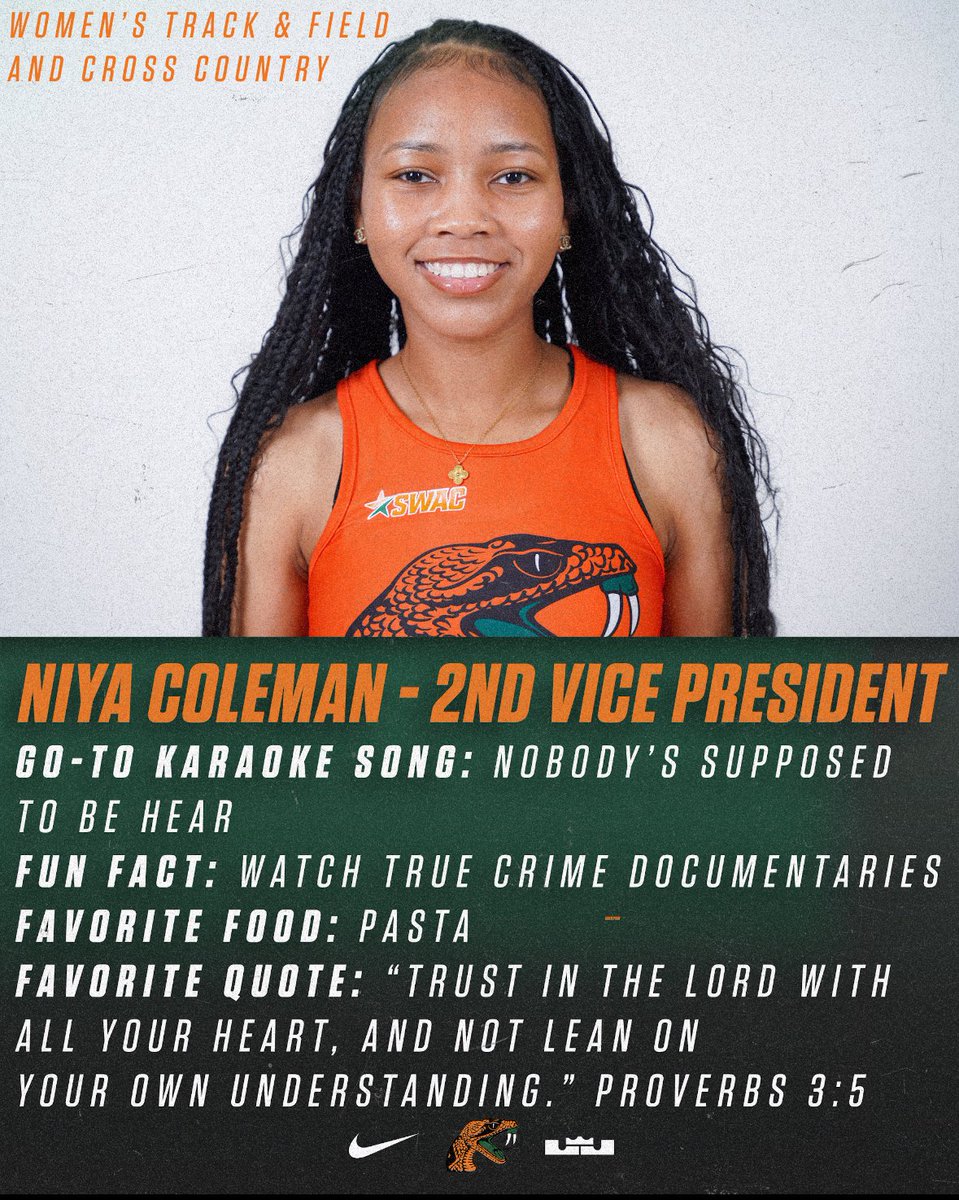 FAMUAthletics's tweet photo. 2025-26 FAMU Student-Athlete Advisory Committee Executive Board ! 

Nay'Ron Jenkins - Prez - FB

Alyssa Summers - VP - TF

Jordan Brown - 1st VP - BB

Niya Coleman - 2nd VP - TFXC

Neriah Lee - Tres. - SB

Katelynn Smith - PR - TF

#FAMU | #Rattlers | #FangsUp 🐍 https://t.co/UdB3eSZXah
