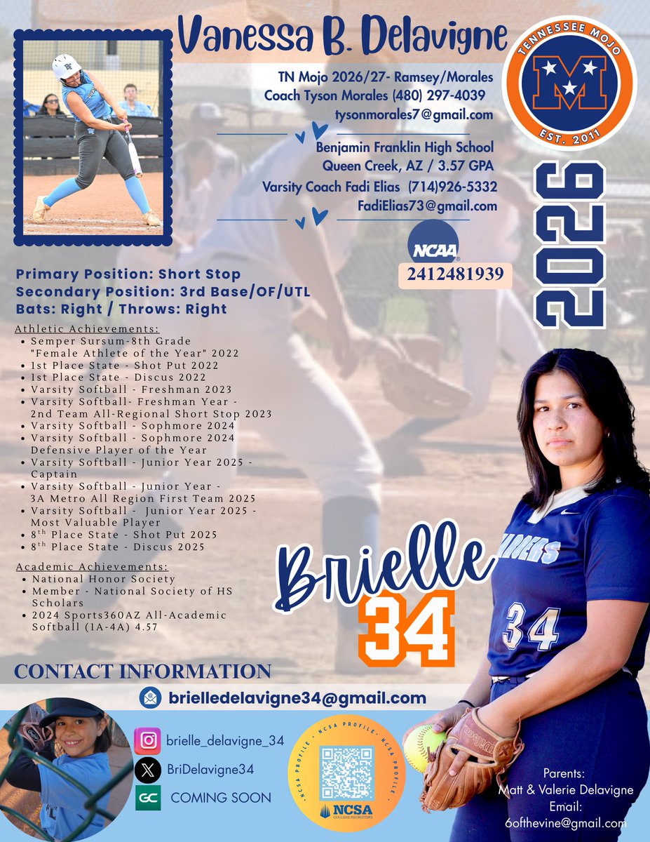 BriDelavigne34's tweet image. I am an #uncommitted2026  player. Please contact me as I would love the chance to talk with coaches and explain what type of player and teammate I am. I am a power hitter and play shortstop, corners, and utility.  Thank you Coach for your time! #newteam #samegoal #TNMojoAZ