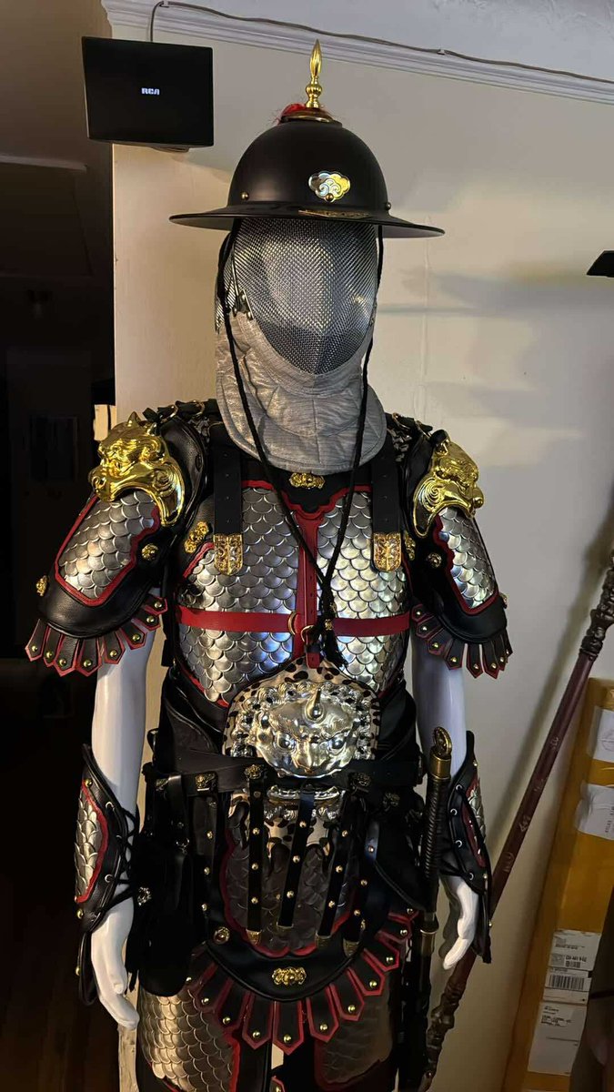 My mask came. Super cheap for new $32. Now I can start doing Chinese sword sparring. May wear this outfit. The Chinese armor is real armor based in Tang to Ming Dynasty. Fish scaled. 30lbs.  #realarmor