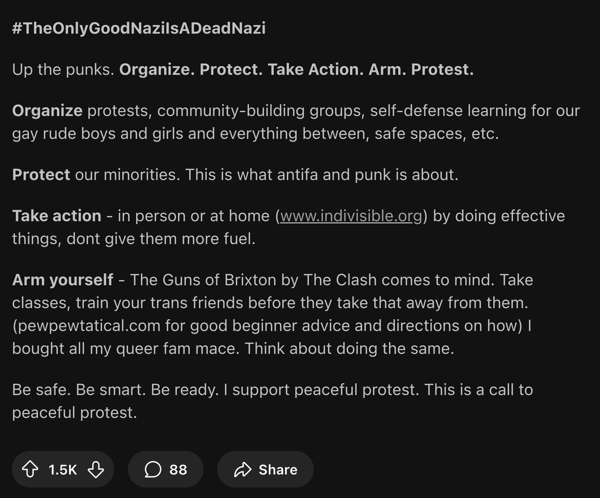 "You've been training your whole life for this, guys."

The Antifa subreddit on <a href="/Reddit/">Reddit, Inc.</a> has made a post saying why Charlie Kirk and those like him deserve to be killed. To smear him, they reference a Media Matters <a href="/mmfa/">Media Matters</a> hit piece and tell their comrades to arm themselves with
