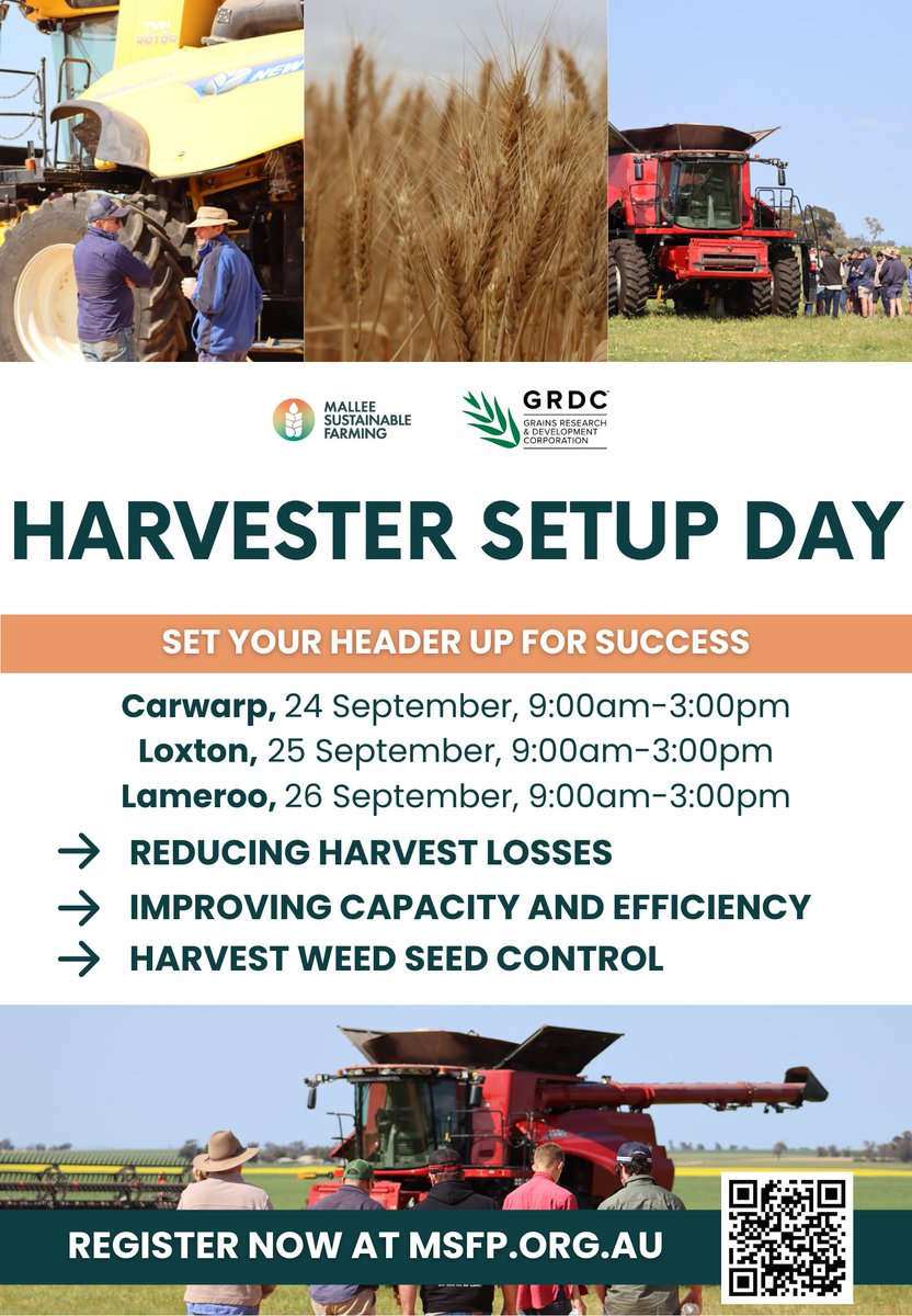 🌾 Sharpen your harvester skills this Sept! 🌾
<a href="/theGRDC/">GRDC</a> Harvester Workshops SA &amp; VIC Mallee. Learn to cut losses, improve HWSC, prevent fires &amp; boost efficiency. See you there!
Carwarp👉 bit.ly/41eme6G
Loxton👉 bit.ly/46pPLOr
Lameroo👉 bit.ly/4o8MA3T