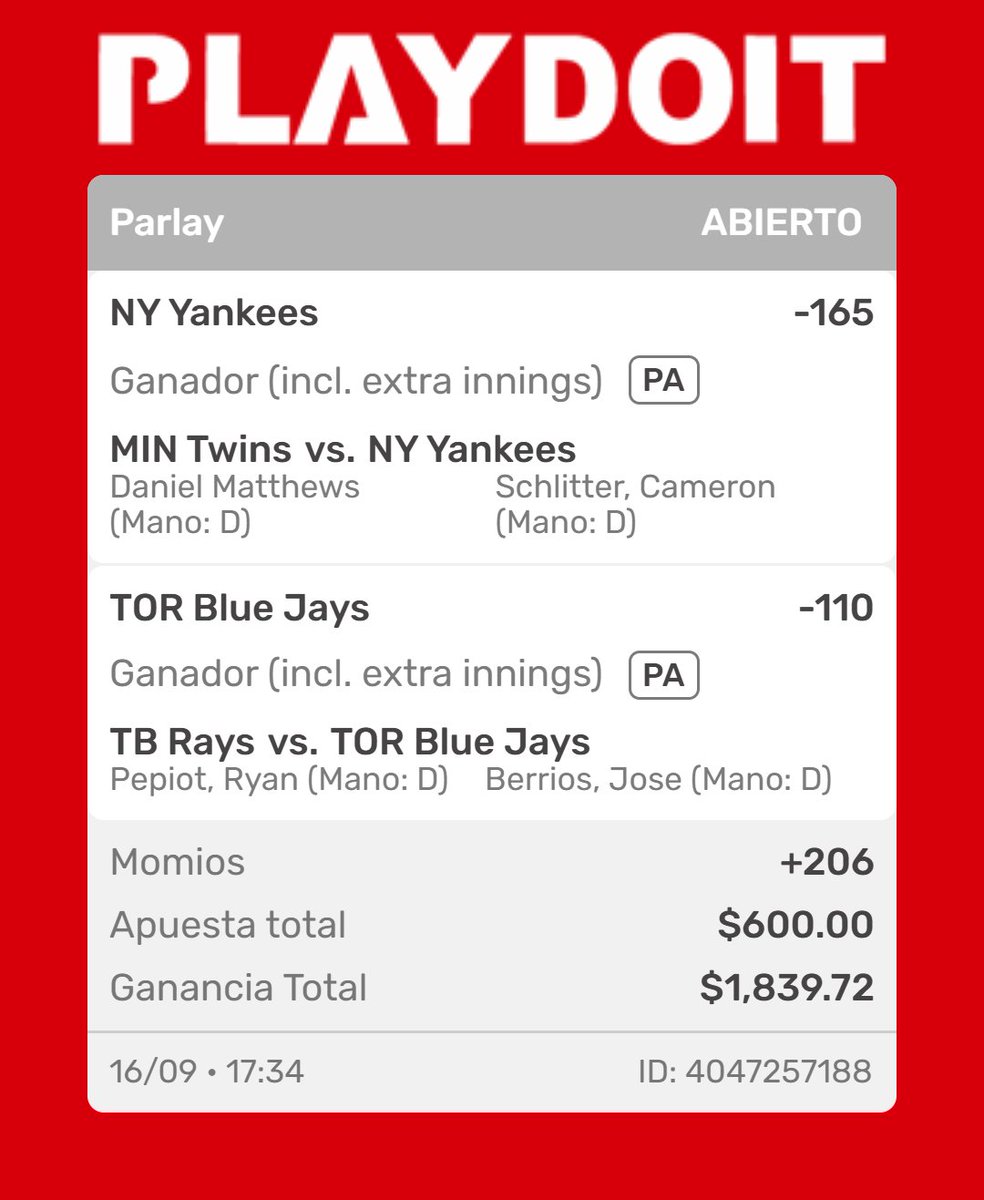 GianPicks's tweet photo. Vamos a darle con este parlay !!
[+206]⚾️🧨
los puedes meter en vivo💣🧨
Dale ❤️si me sigues!! https://t.co/snu8AjLuOE