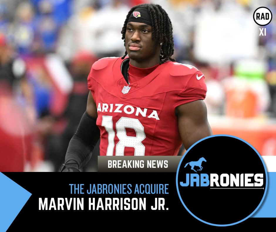 TheRadLeagueX's tweet photo. 🚨TRADE: @JabJabronies trade Tony Pollard, Tyler Warren &amp; Ricky Pearsall to @FigureItOut_TRL for Breece Hall, Marvin Harrison Jr. &amp; Drake Maye. https://t.co/jneuKjLZjP