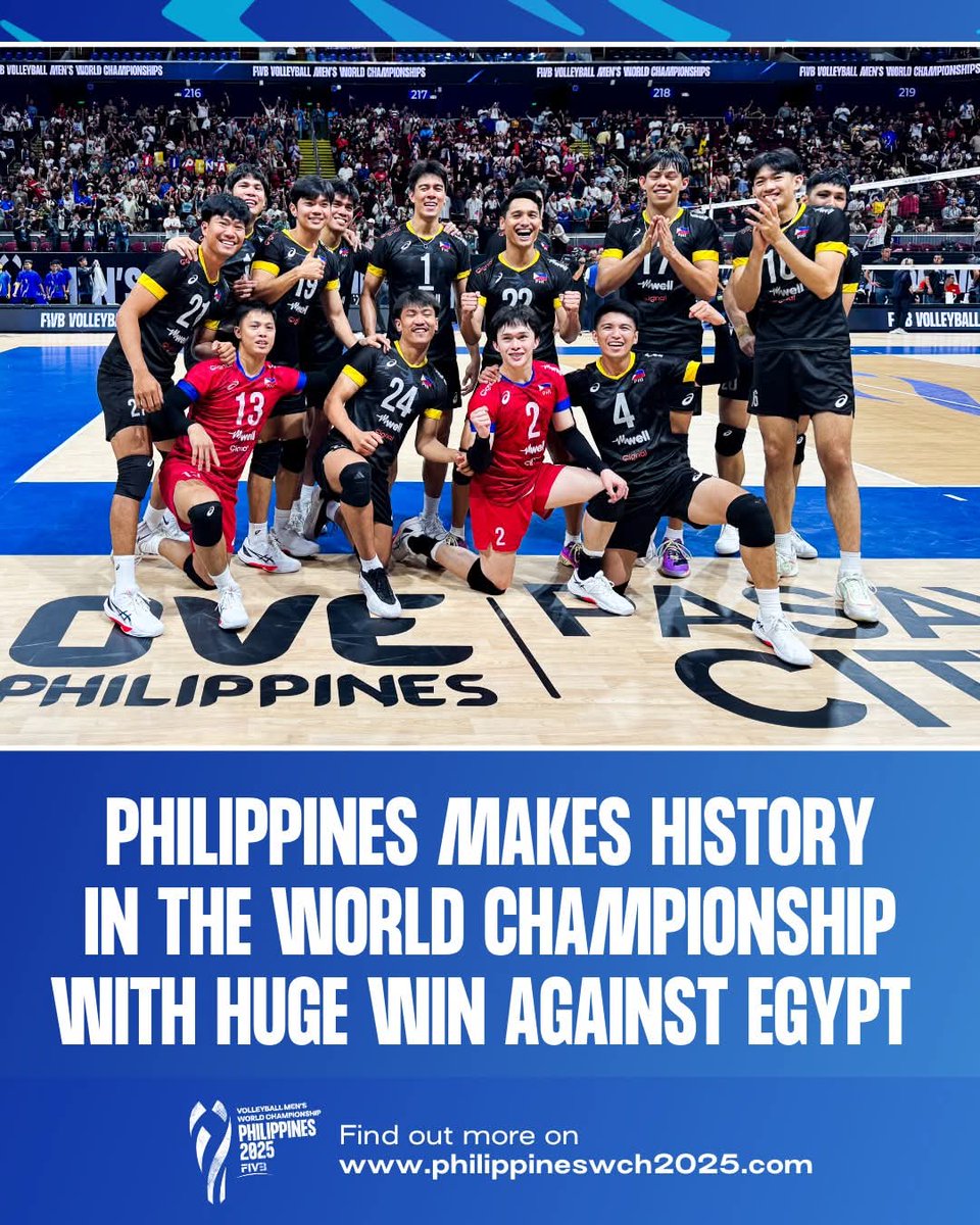 HyperMark_it's tweet photo. HISTORY MADE 🇵🇭🔥  
Philippines stuns Egypt with a huge win sa World Championship! 🏐  
From underdogs to history-makers—ibang klase, mga kababayan! 💪  

#PusoPilipinas #FIVBWorldChampionship #PinoyPride #VolleyballPH https://t.co/9X7mOkcWdU