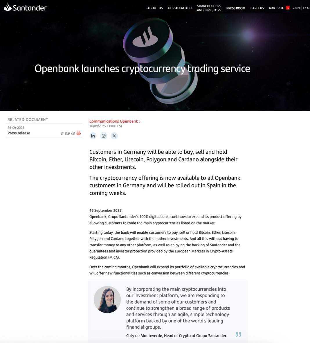 $POL trading has now been enabled in Germany for Grupo Santander’s 100% digital bank, <a href="/Openbank/">Openbank</a>.

Customers can now buy, sell or hold Polygon's native token, without having to transfer money to any other platform.