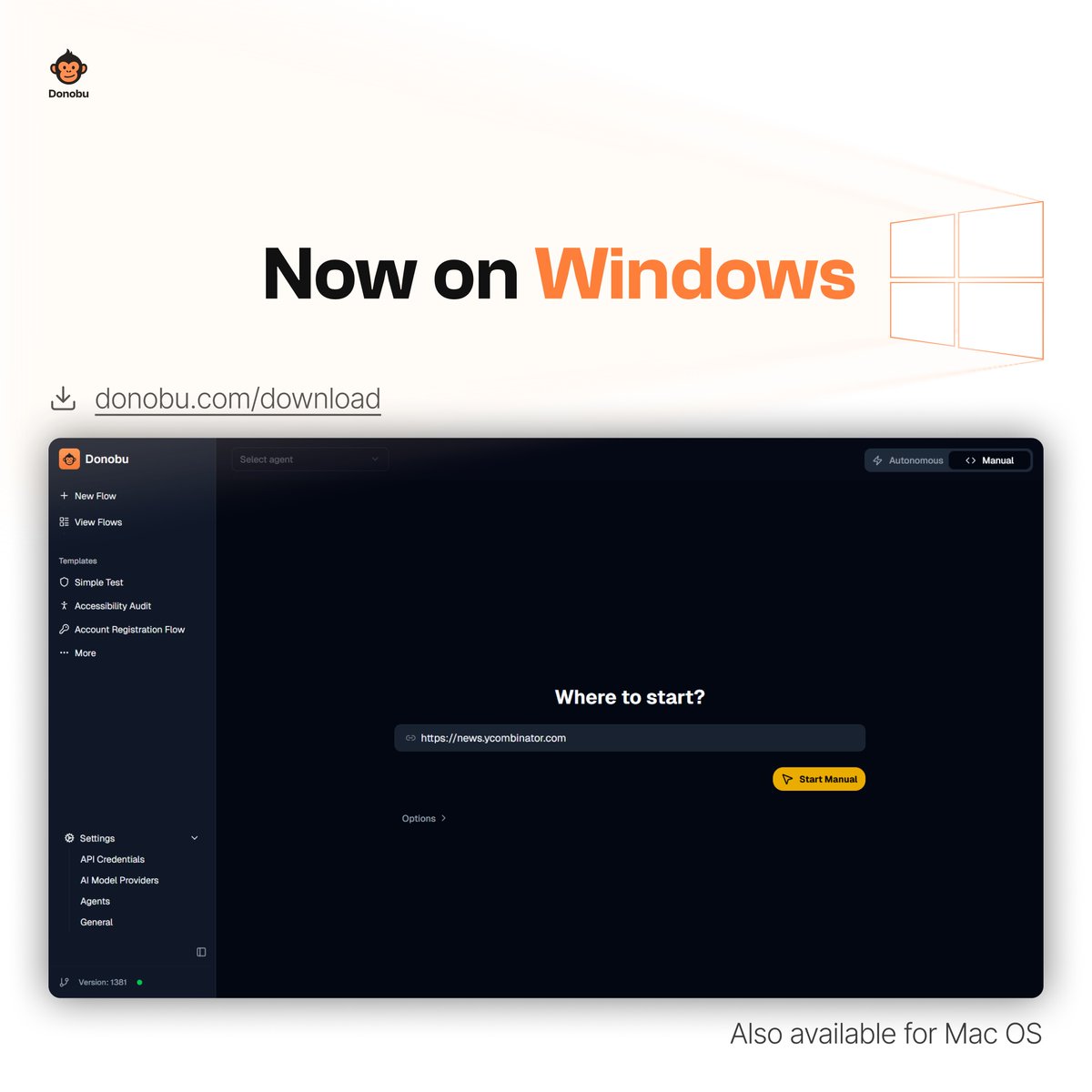 Donobu Studio → now on Windows ✅
Available for both Windows + Mac OS.

Local-first, self-healing Playwright tests with AI.