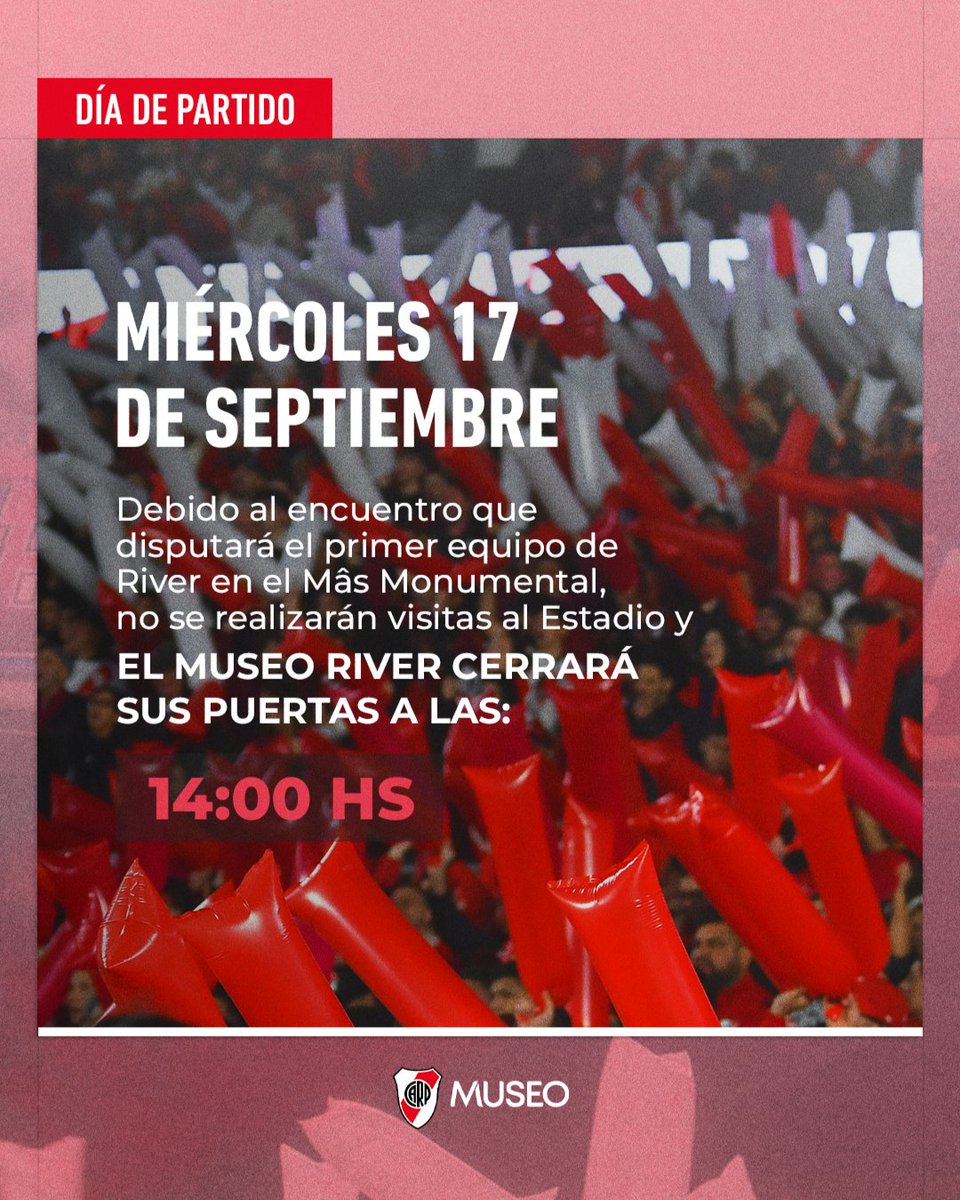 📣 [𝗜𝗠𝗣𝗢𝗥𝗧𝗔𝗡𝗧𝗘] Horarios del Museo River para el miércoles 17 de septiembre 🏛📆

🕙 Apertura: 10:00 hs.
🚫🏟 Sin visitas al Estadio
🕑 Cierre: 14:00 hs.