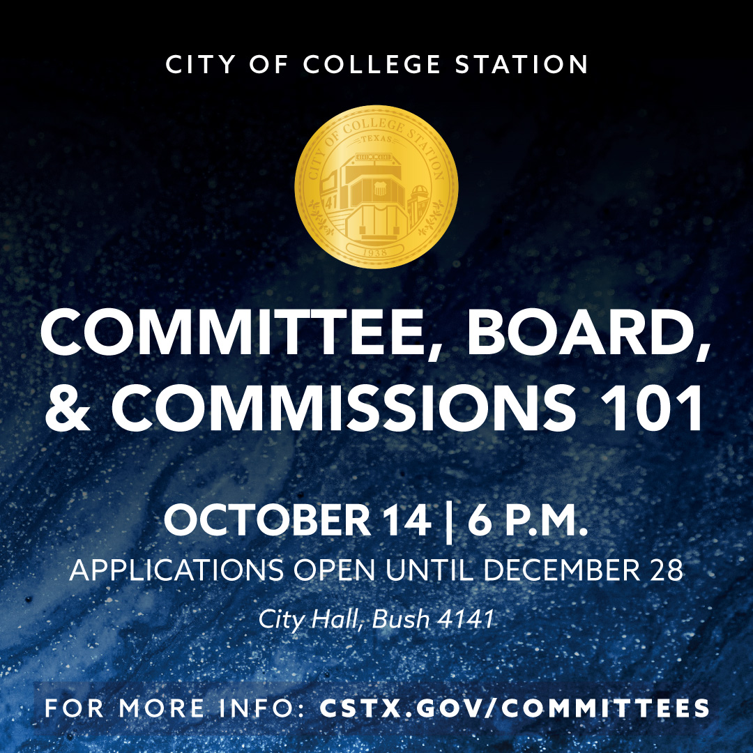Thinking about serving on a College Station committee, board, or commission? Join us for a seminar to learn what it takes!

📅Oct.14
🕑6 p.m.
📍City Hall

Understand the roles, duties, and how you can make a difference. 

Register now: bit.ly/3Ik84uE