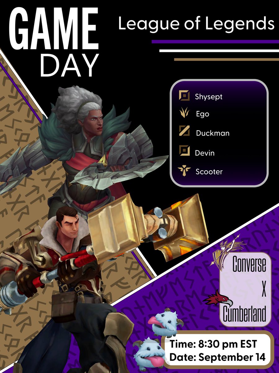 It’s almost time for our League of Legends team to take on <a href="/CUeSports21/">Cumberland University Esports</a> for tonight’s <a href="/NACEsports/">NACE</a> match! 🔥

Make sure you catch the action on our Twitch linked down below! 👀⬇️