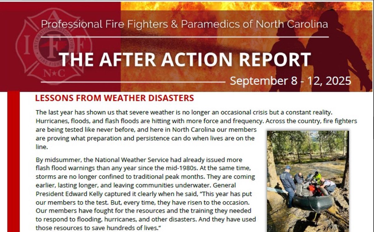 🚨The PFFPNC e-newsletter for September 8-12 is now posted and includes information on how North Carolina fire fighters are leading the way in severe weather response. 
🔗 pffpnc.org/newsletters/