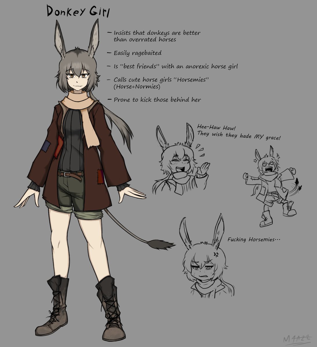 A friend was mad that there wasn't much  in terms of "donkey girls" out there. Decided to make them happy by throwing my hand at it myself...also because I was bored and in the middle of an artblock, so nothing better to do.
Enjoy.