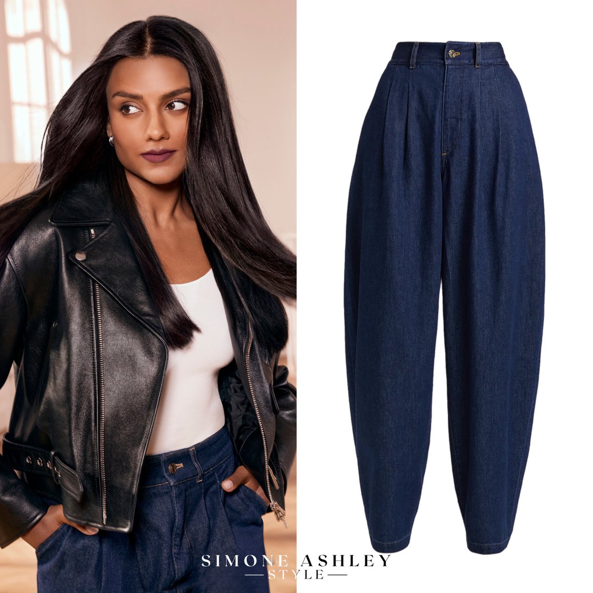 SimoneAshleySty's tweet image. Simone Ashley wears an #Alaïa Boxy Leather Biker Jacket ($6,500) and #Frame Tapered Pleated Denim Trousers ($147) in promotional photos for L’Oréal Paris