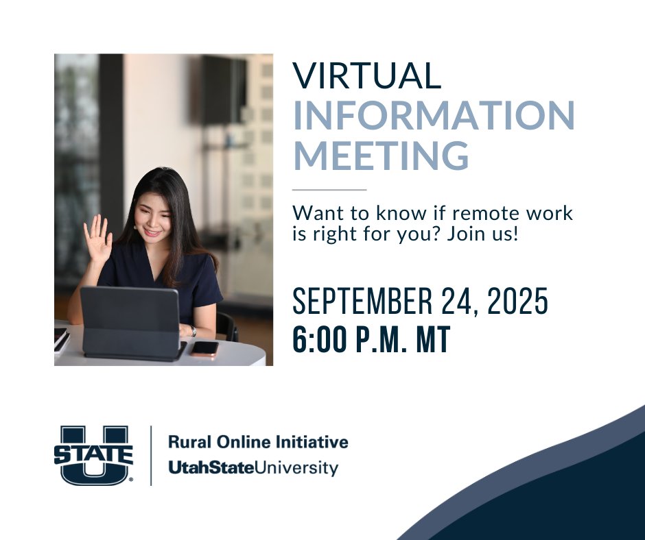 RemoteWorkUSU's tweet image. Want to find out if remote work is for you? Join us for a VIRTUAL information meeting on Wednesday, September 24 at 6 p.m. MT. 

Free registration:  zurl.co/To58H 

#RemoteWork #RemoteJobs #RuralUtah #FutureOfWork #CareerGrowth #WorkforceDevelopment #SkillsForTheFuture