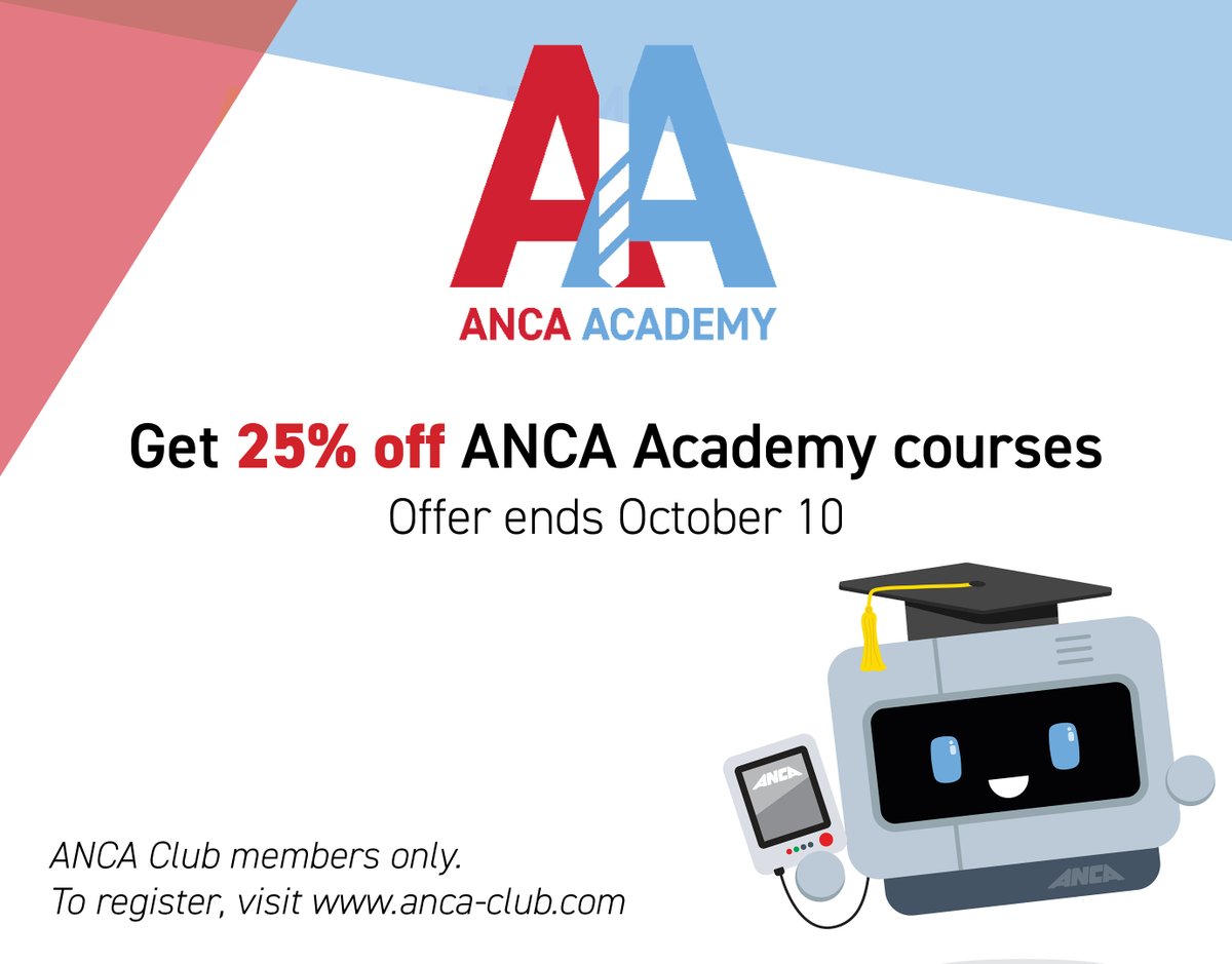 Enjoy 25% off all ANCA Academy courses, now until October 10.

 ✔️ Improve productivity, reduce downtime &amp; maximise your machine’s potential

👉 okt.to/JuMe9f

⚠️ Exclusive to ANCA Club members. Not a member yet? Register today and unlock access.