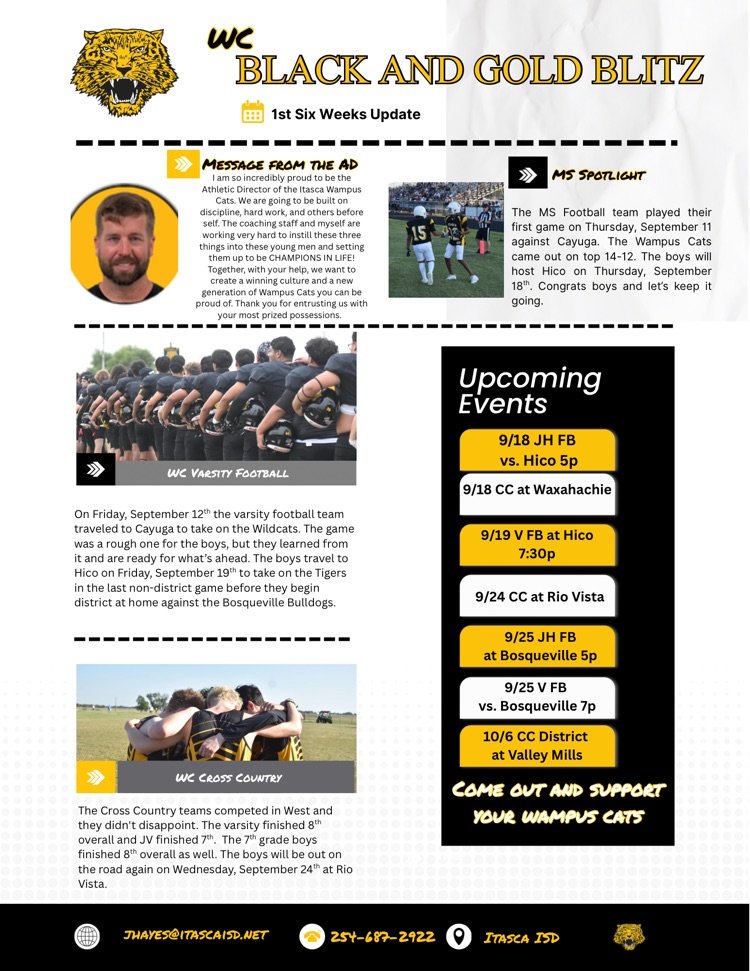 Here is the first edition of the "Black and Gold Blitz", the Wampus Cats boys athletics newsletter. Hope you enjoy.