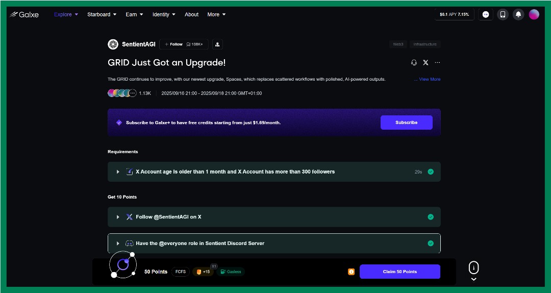 0xjayn3's tweet photo. Complete @SentientAGI galxe FCFS task.

GRID JUST GOT AN UPGRADE quest

Link: https://t.co/4ghpwDi7tv

>complete X tasks ( X acct must be a month old and with 300 followers)
>Join dc
>Claim points

For those with less than 300 followers, drop your link and follow each other 👇
RT https://t.co/wXXG49alFC