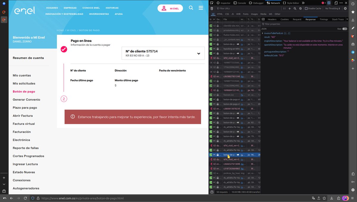 dfoxpro's tweet photo. @EnelColombia no funciona su portal privado, nor el boton de pago, y por supuesto el chat de wapp no lleva a nada util, la integración con bbva tambien está toteada https://t.co/vWcZfGLMKF