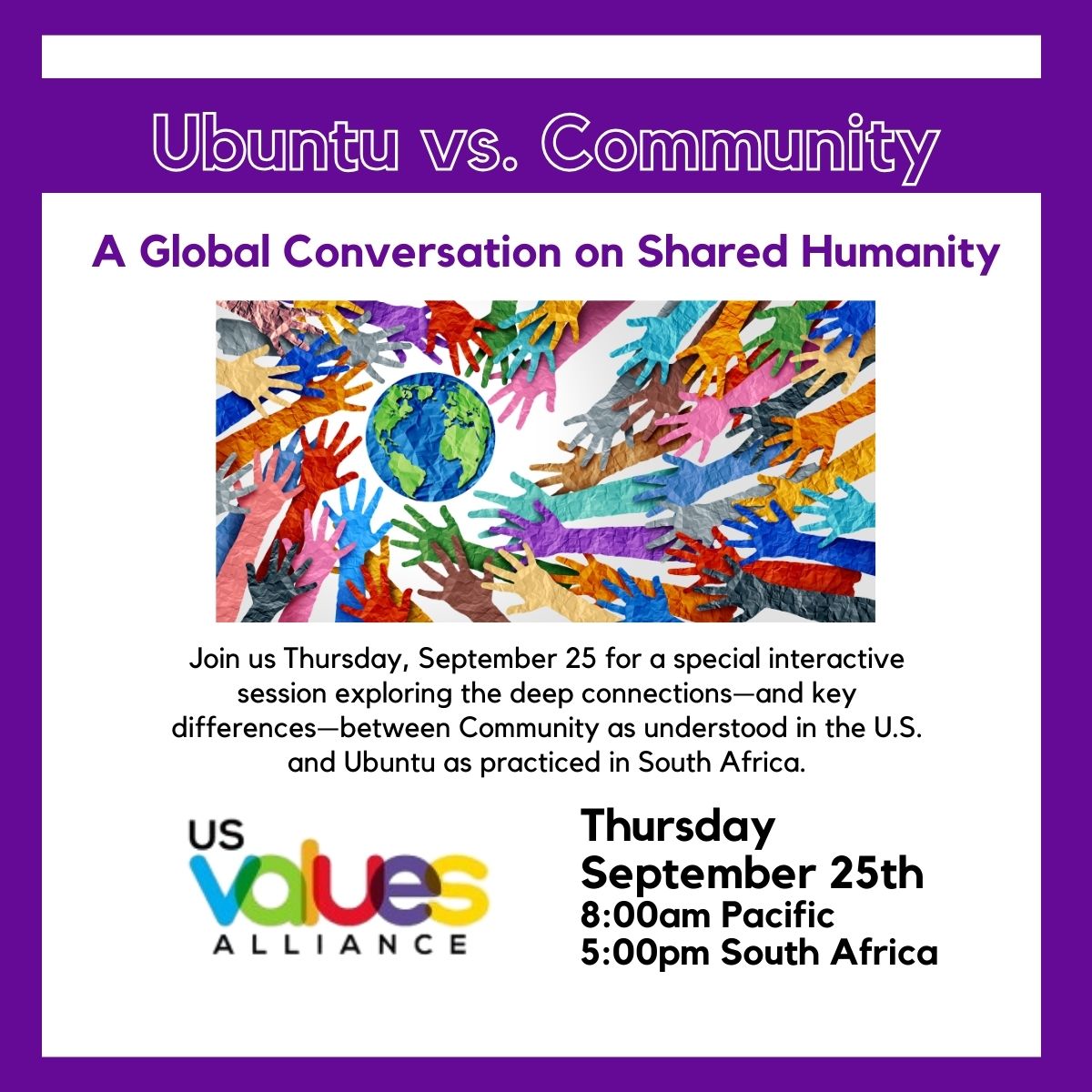 A special session with members of the V20 South Africa team in honor of #WorldValuesDay.   Join us usvaluesalliance.com/event/ubuntu-v…