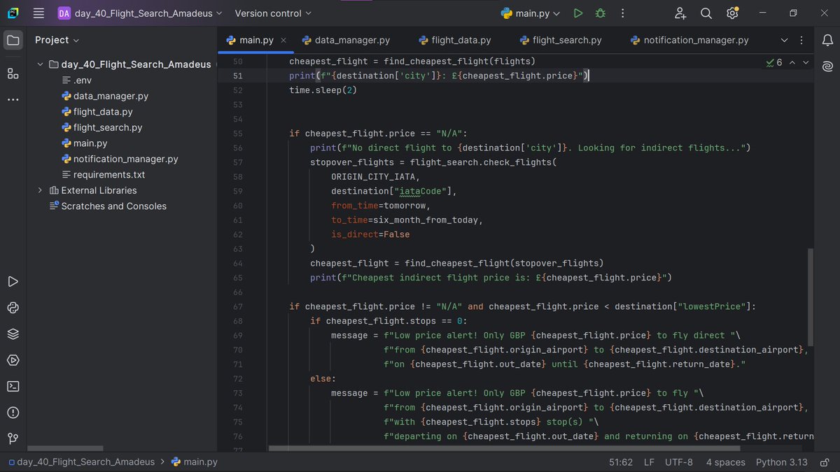 bluedev_py's tweet image. Day 40/100 – Intermediate+
> Wrapped up Capstone Project (Part 2) – The Flight Club ✈️
> An app that emails you the best flight deals straight to your inbox 📩
#100DaysOfCode
#pythonprogramming
#pythononlinetraining