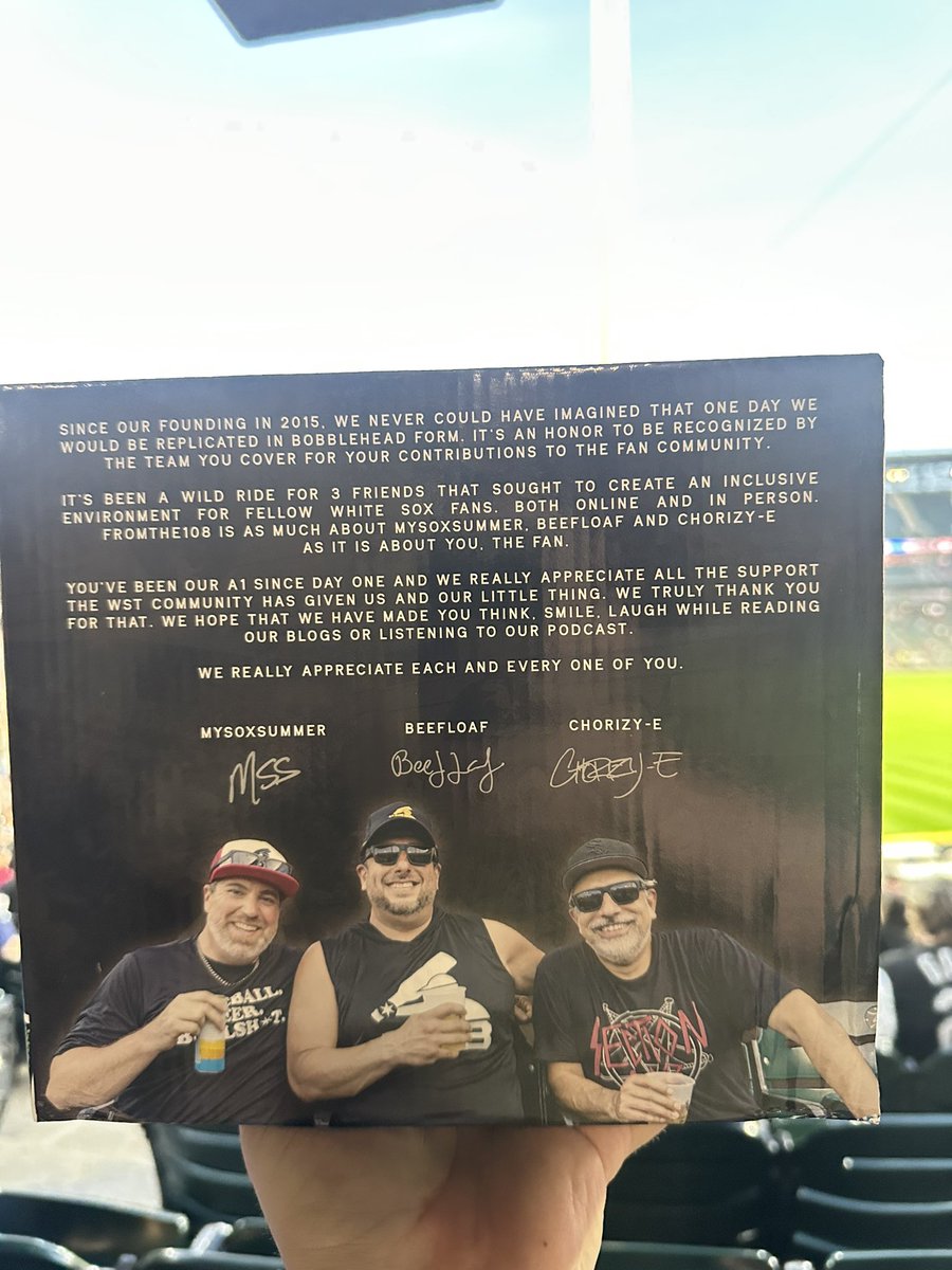 Eddie (@eddiebarstool) on Twitter photo Shout out to the <a href="/fromthe108/">Section 108</a> guys for getting their own White Sox bobblehead.
True Chicago diehards for them to support this franchise as much as they do Shout out to the <a href="/fromthe108/">Section 108</a> guys for getting their own White Sox bobblehead.
True Chicago diehards for them to support this franchise as much as they do