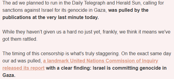 FPMelbourne's tweet photo. Murdoch media, hang your head in shame.

The Herald Sun and Daily Telegraph refused at the last moment an ad, already paid for, from @jewishcouncilAU 

It was a call by Australian Jews for sanctions on Israel.

They can try to hide the genocide, but the whole world knows. https://t.co/gdgVrAtD9X