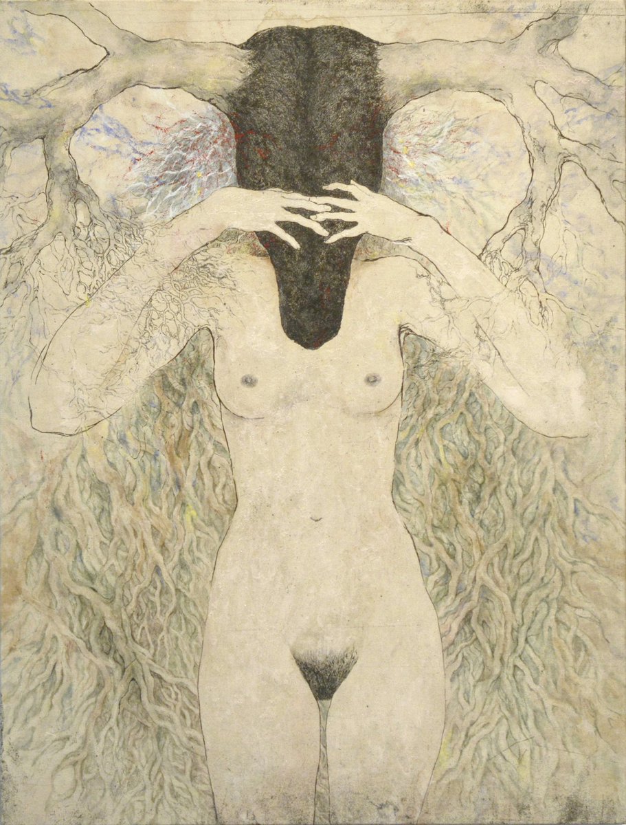 「目隠し」
2013年
パネルに和紙、銅版画に水彩
365×300mm

もう12年前の作品なのか。岩絵具を初めて使った作品。
