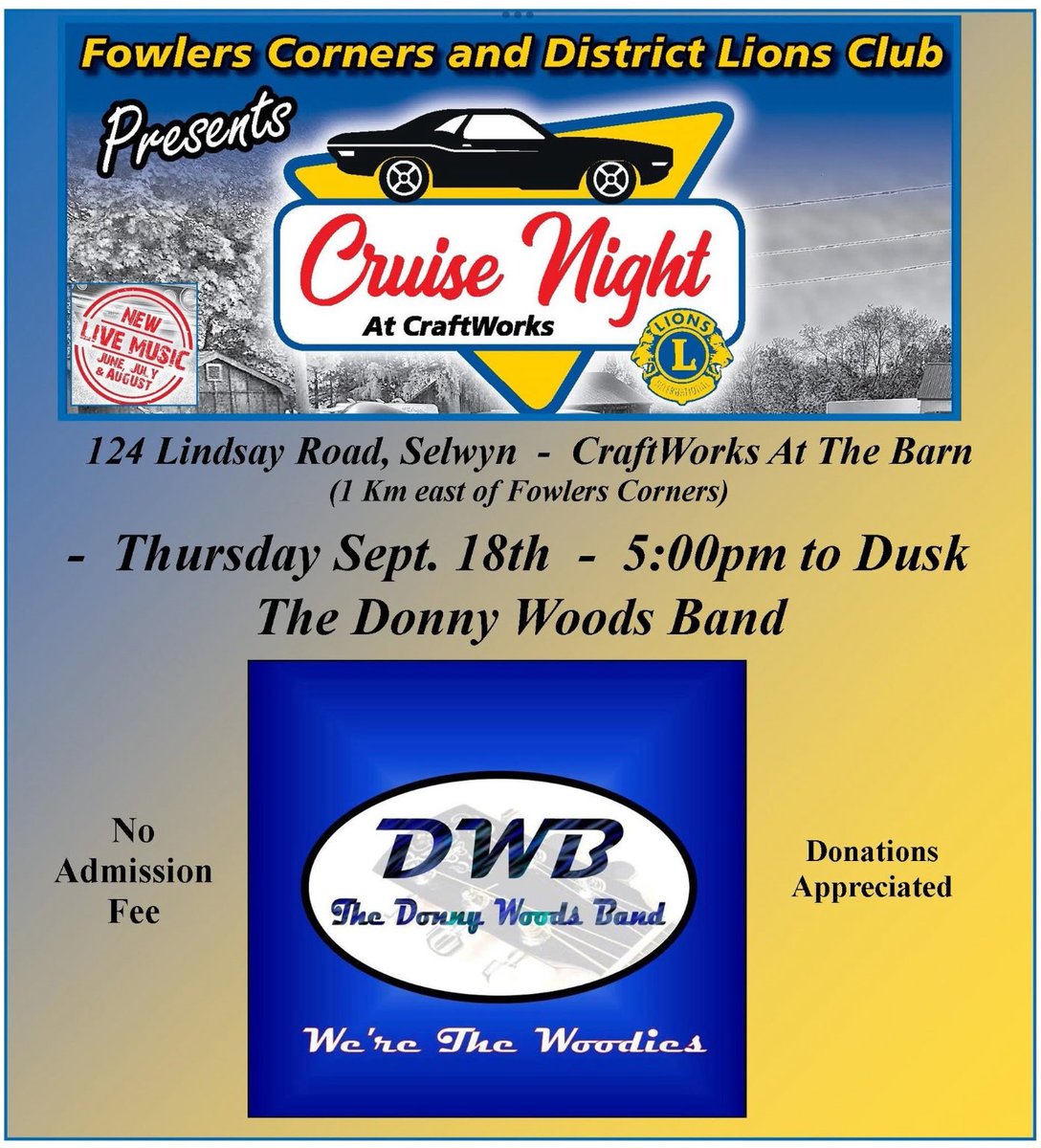 Come out Thursday night for the last Cruise Night of the year. Join us for live music, classic cars, great food and a chance to support our charities. Free admission, donations greatly appreciated. #FowlersCornersLionsClub