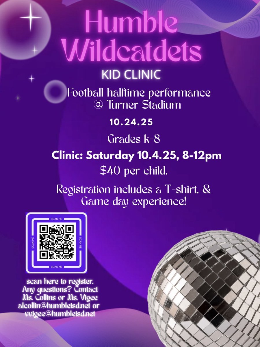 It's that time....Register for our annual Future Wildcatdets Kid clinic today! Scan the code today!🤗💜🩷 <a href="/HumbleISD_HHS/">Humble High School</a> <a href="/HumbleISD_Arts/">Humble ISD Fine Arts</a> #WeAreHumble