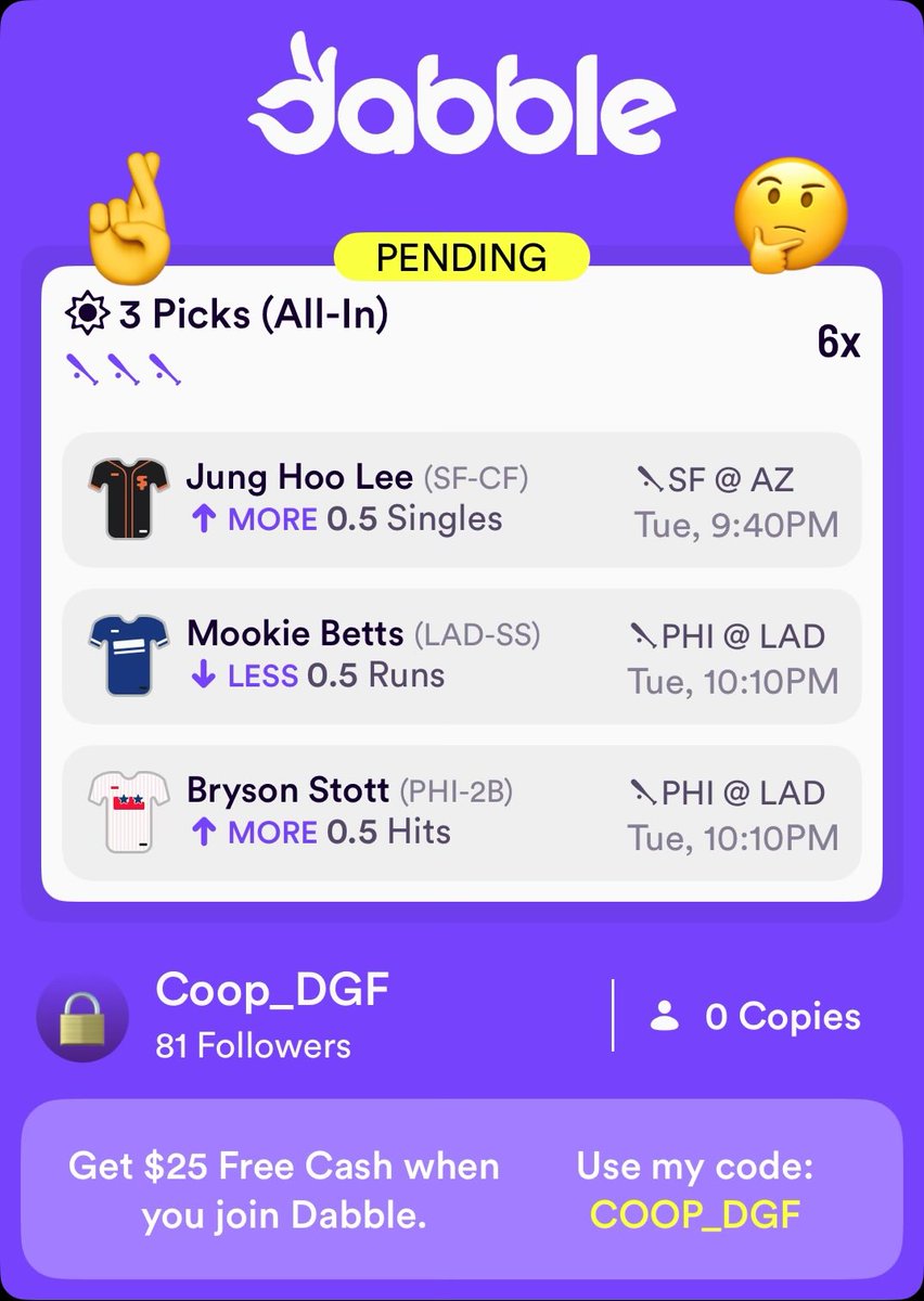 Coop_PRP's tweet image. Late night @DabbleFantasy 3 Pick Power MLB Slip from the @prop_professor Slip Generator🔥
Tail here⬇️
click.dabble.com/ugiS/od67v55w
#DabbleFantasy #DabblePicks #Dabble #propprofessor #Gambling𝕏 #GamblingX #GamblingCommunity #GamblingTwitter #Gambling