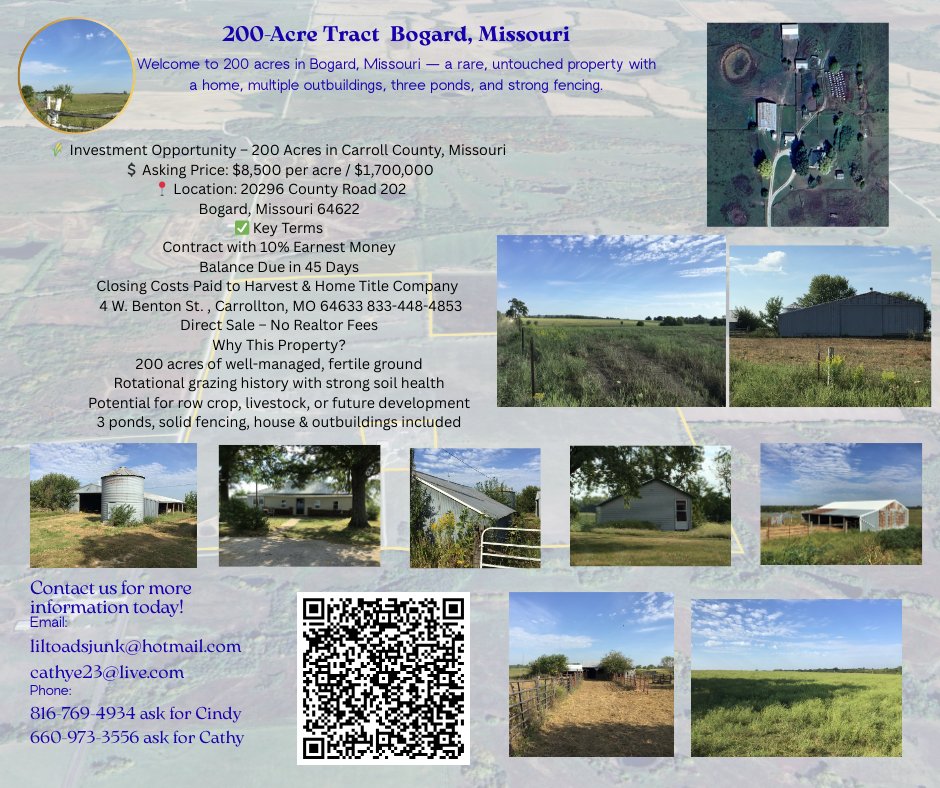 Farmland and home for sale in Bogard, Missouri.