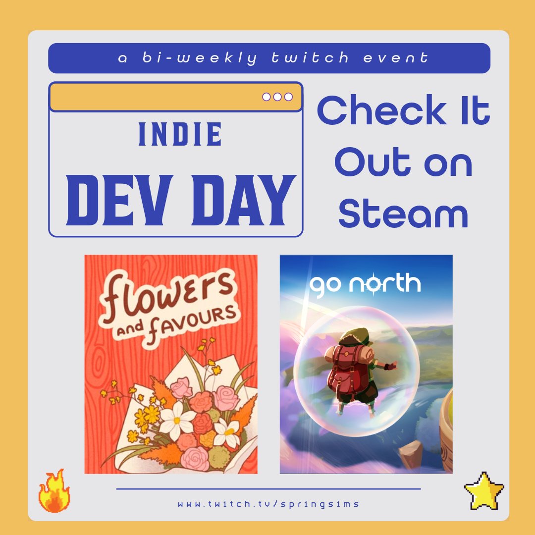 SpringSims's tweet image. STARTING this WEDNESDAY, Sept 17th @ 10 am CST, Indie Dev Day WK 7 on @Twitch
Where I showcase different indie games bi-weekly, so we'll be checking out:
★ Flowers and Favours @iris_misk
★ Go North @gazuntype
Follow me on Twitch to be notified: twitch.tv/springsims