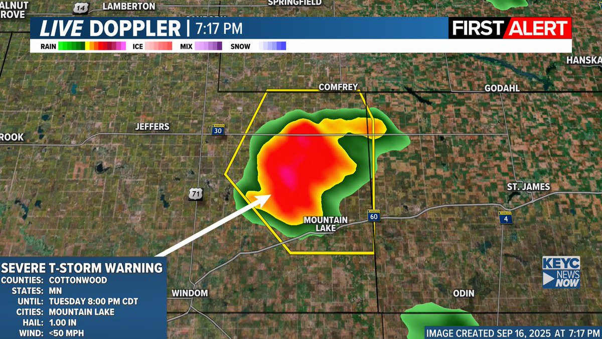 KEYCWeather's tweet image. ALERT: Severe Thunderstorm Warning for the following counties: Cottonwood until 9/16 8:00PM