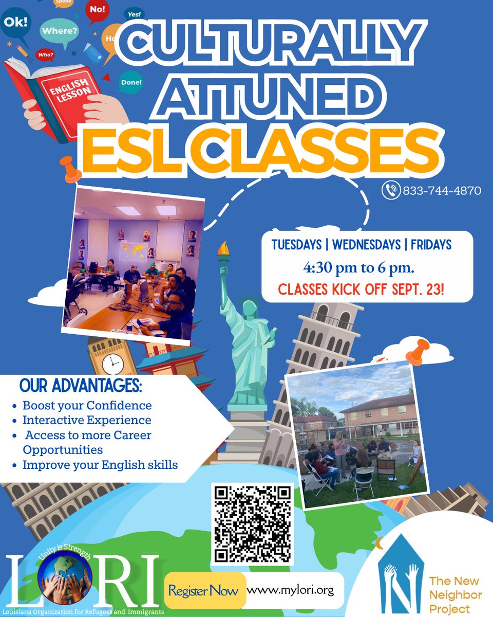 LoriUSA_'s tweet image. 💬 Learning English is more than grammar—it’s about culture, community, and confidence! Join our Culturally Attuned ESL Classes starting Sept. 23rd and take the next step in your journey.
“With languages, you are at home anywhere.” – Edmund de Waal
#loricares #eslclasses