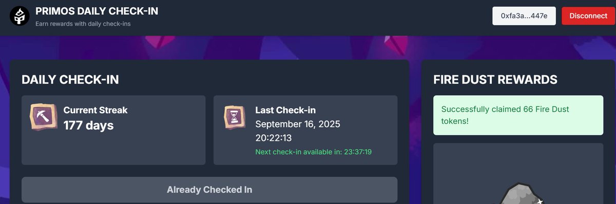Runi207's tweet photo. @PrimosWarriors Daily check-in streak reached 177 days for #firedust! Seems just yesterday when this check-in started.
@Ronin_Network @zentry https://t.co/VLs2fJsuAE
