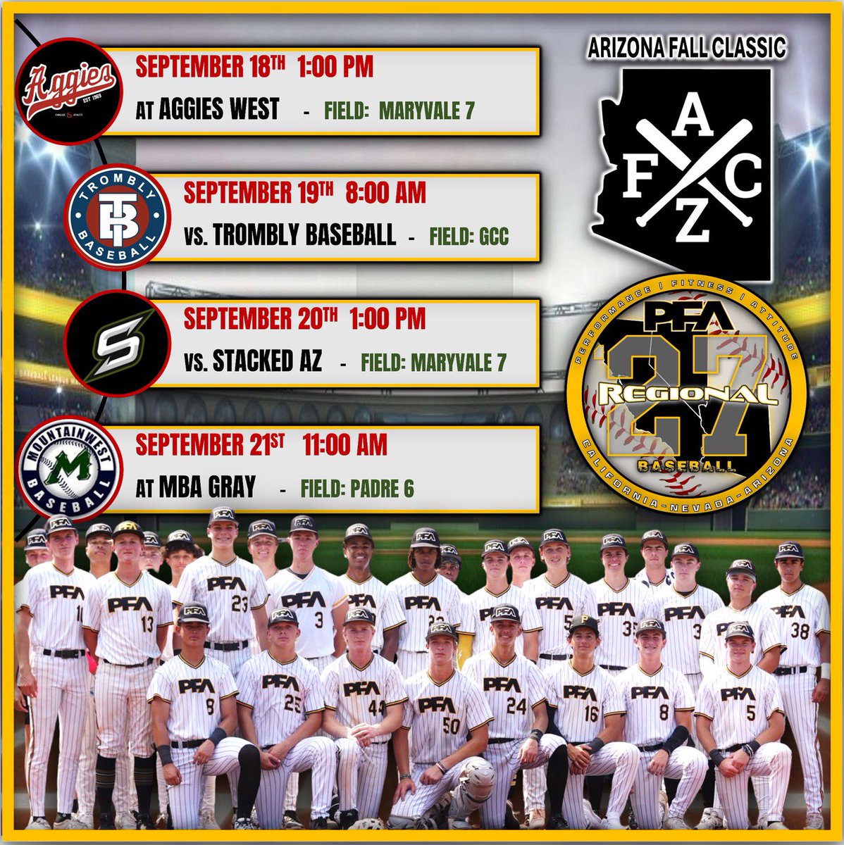 Busy week ahead ⚾️ After Scout Ball tomorrow, heading straight out to Arizona with PFA Regional ’27 for the Arizona Fall Classic 

Excited to compete and keep getting better. #ArizonaFallClassic #2027Catcher
<a href="/CaliforniaPFA/">PFA_California 🖤💛</a> 
<a href="/AZPFABASEBALL/">PFABASEBALLAZ</a> 
<a href="/PFAbaseball/">Simple Pitching</a> 
<a href="/equitybaseball/">Equity Baseball</a>