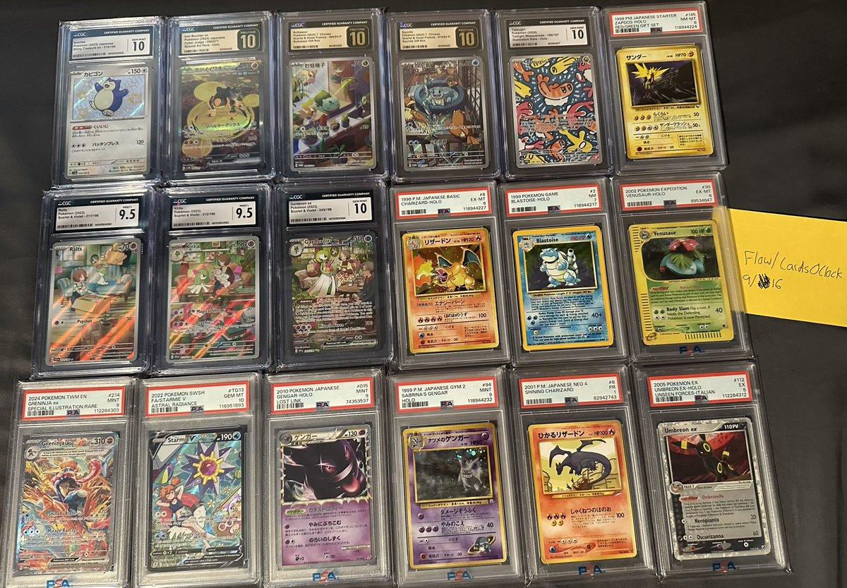 Updated slab prices Part 2, +$6 BMWT with extras and free shipping over $100 

Snorlax CGC $29
Iron Boulder $45
Bulbasaur $120 OBO
Squirtle $120 OBO
Tatsugiri $55
Zapdos Gift Set $300 OBO
Gardevoir Sequential $180 OBO
Charizard Base Set Japanese $250 
Blastoise Base Set $165