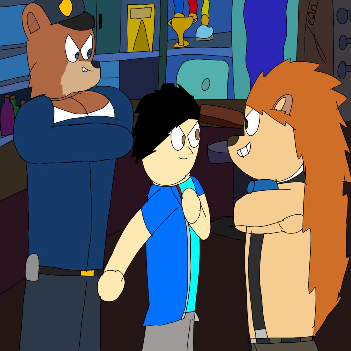 Me and R.J. at the Brawl Bar meeting up with Puzzles. 

Art by <a href="/Rodrigojeancar6/">Jeancar4</a> 

R.J. and Puzzles belongs to <a href="/COWCATGames/">BROK THE BRAWL BAR 🐊 🥊</a>