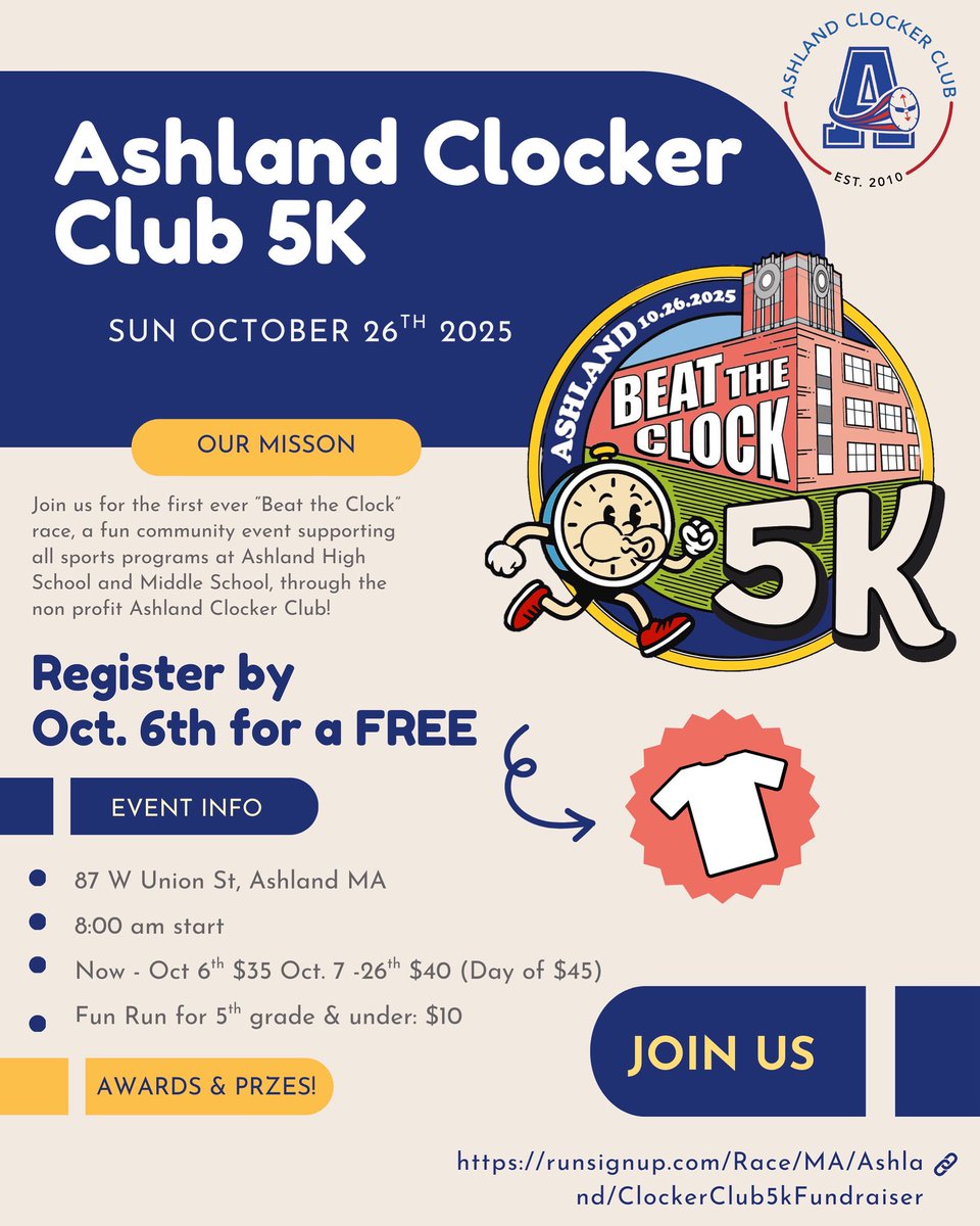 ClockerClub's tweet image. Register today:

runsignup.com/Race/MA/Ashlan…