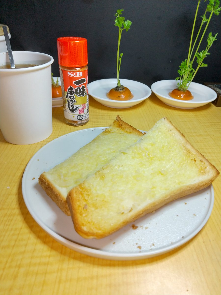 #朝食 #ガーリックトーストとワカメの味噌汁 #地味に米離れ

なんか？久しぶりな気がする…
ガーリックトーストには味噌汁が合う😋👍💕

少し休んだら風呂に入って病院に行く準備をしないと…

昼寝出来ないのが辛い🤣