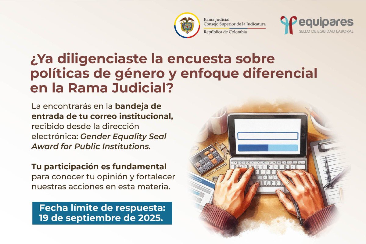 Quienes actualmente trabajan en la Rama Judical NO olviden diligenciar esta importante encuesta. 
Debería haberles llegado al correo electrónico; en caso contrario, revisen la carpeta de spam.