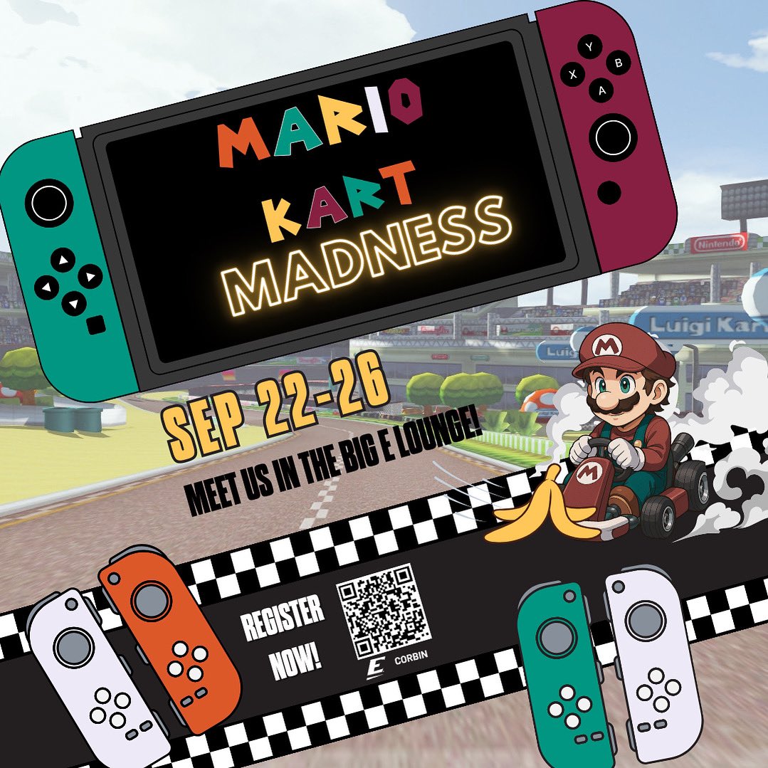🏁🎮 START YOUR ENGINES, COLONELS! 🎮🏁
​​​​​​​
Get ready for EKU Corbin’s Mario Kart Tournament Starting September 22–26 in the Big E Lounge! Join us for an epic Mario Kart Tournament and battle your way to the top of the leaderboard! 
🍌🚗💨
