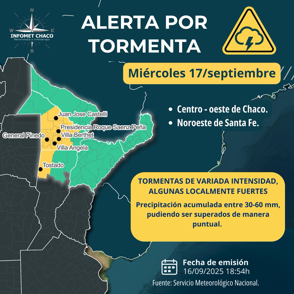 Buenas noches| Tal como anticipamos, se espera un  desmejoramiento del tiempo desde la tarde/noche del miércoles y el jueves. 

Fenómenos: probables tormentas y lluvias, algunas podrían ser mayormente fuertes en zonas puntuales. ¡Rige alerta! ⚠️👇