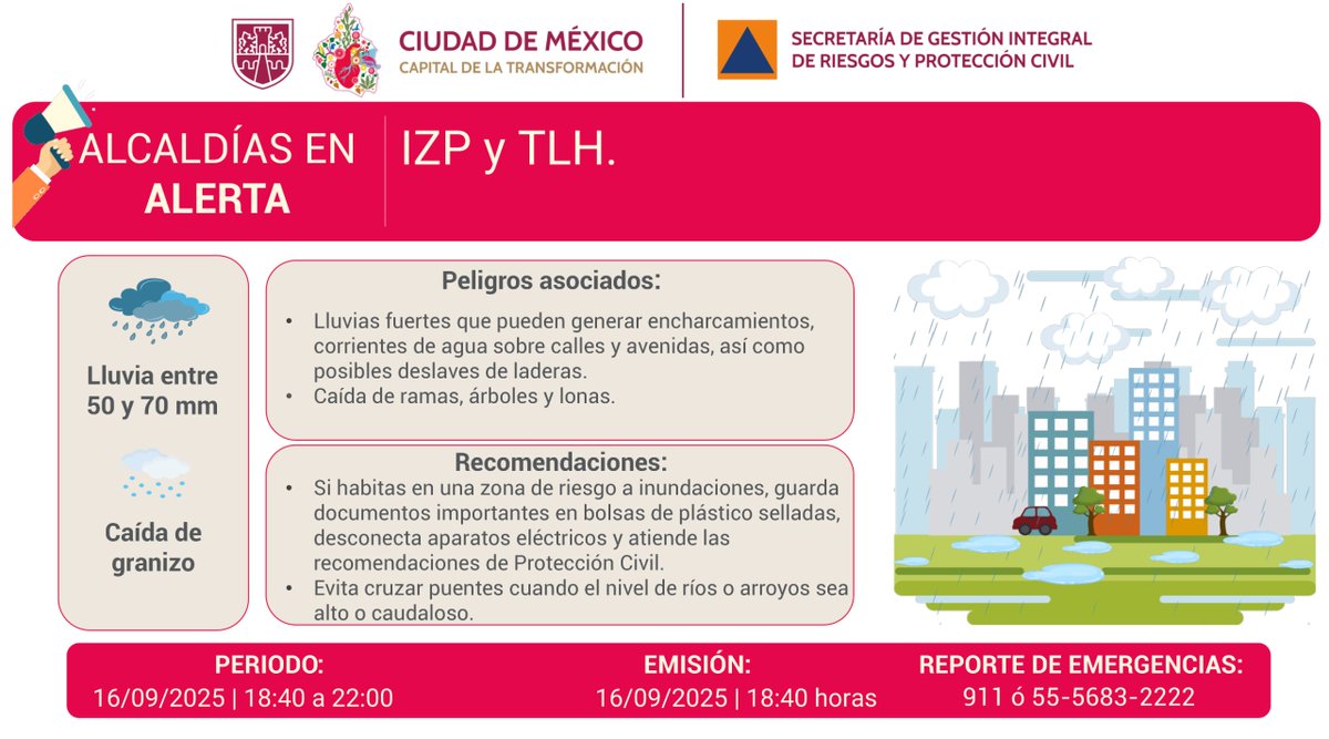SGIRPC_CDMX's tweet photo. Se activa #AlertaRoja por persistencia de #lluvias fuertes y posible caída de #granizo para la tarde y noche del martes 16/09/2025, en las demarcaciones: @Alc_Iztapalapa y @TlahuacRenace. #PronósticoDelTiempo #LaPrevenciónEsNuestraFuerza #OperativoLluvias2025 #Tlaloque https://t.co/O29UzdbzNb