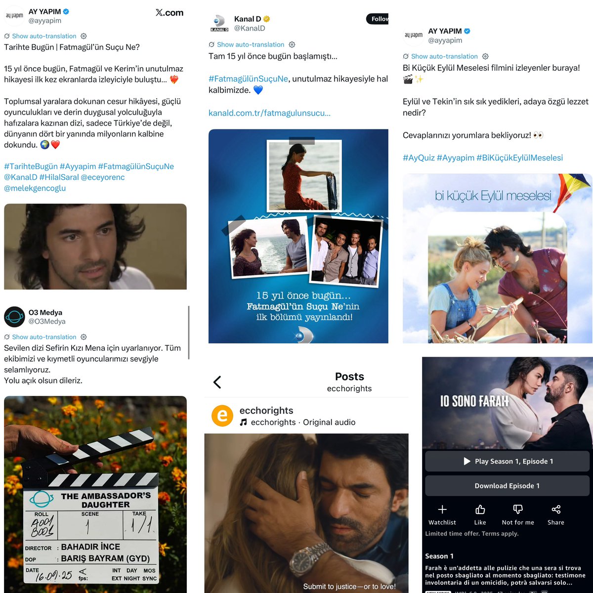What a day! #EnginAkyürek’s projects making waves around the world with Ay Yapım,O3medya,Eccho Rights😁 
-15th anniversary of FSN
-a memory of BKEM
-Celebrating an adaptation of SK
-AF on Amazon Prime Video in Italy
-Eccho Rights releasing the int’l teaser for #BereketliTopraklar