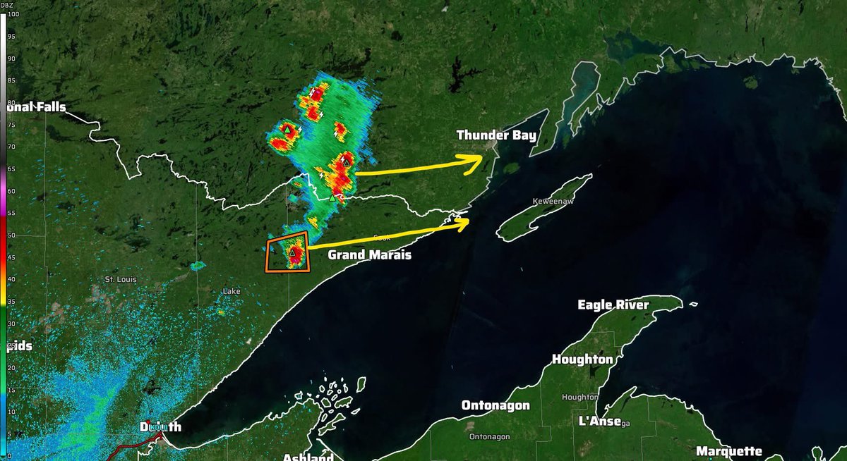 A line of strong to severe thunderstorms is currently moving at 25 mph to the east-northeast towards Thunder Bay, ONT and Isle Royale National Park. Campers/hikers on the island tonight should be on alert for some gusty winds, or perhaps small hail if this line maintains