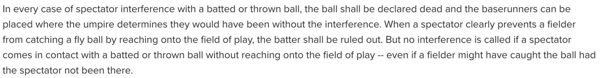 <a href="/SMHill91/">Stephanie Marie*</a> “When a spectator clearly prevents a fielder from catching a fly ball by reaching onto the field of play, the batter shall be ruled out.”