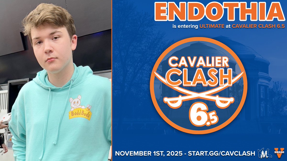 Our neighbor's down south are bringing their best to Cavalier Clash 6.5, joining us from NC is <a href="/TheEndothia/">Endothia</a>!

Ultimate at CC6.5 is for sure a bracket you dont wanna miss, join us on November 1st! Standard Reg is open now!!

start.gg/cavclash