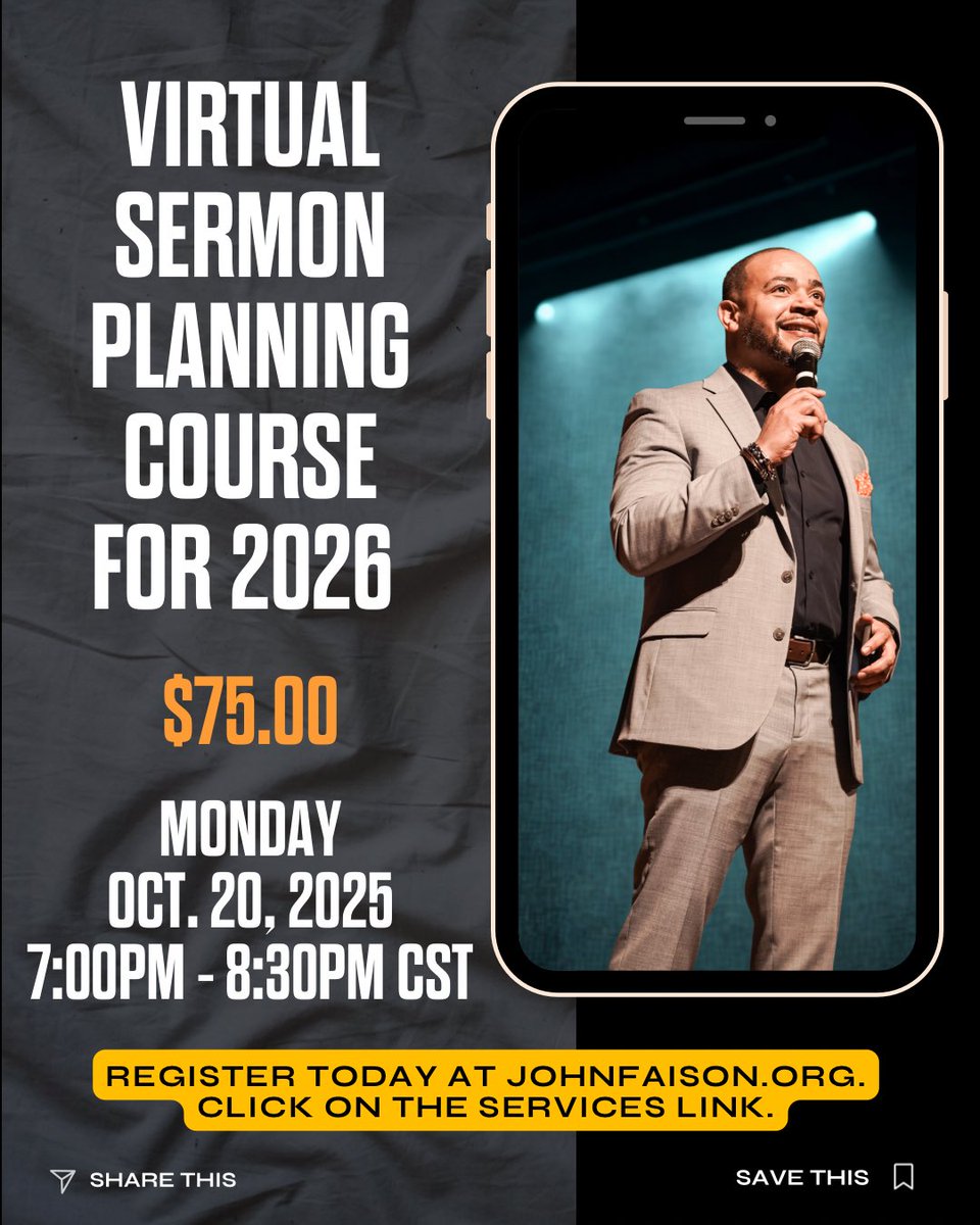 Dr. John Faison, Sr (@johnfaisonsr) on Twitter photo Pastors! Do you have a 2026 sermon planning strategy? If not, I want to give you a step-by-step guide for planning your 2026 preaching calendar.
VIRTUAL SERMON PLANNING COURSE for 2026
Monday, Oct. 20th
7:00 PM - 8:30 PM CST
JOHNFAISON.ORG
Click on SERVICES link. Pastors! Do you have a 2026 sermon planning strategy? If not, I want to give you a step-by-step guide for planning your 2026 preaching calendar.
VIRTUAL SERMON PLANNING COURSE for 2026
Monday, Oct. 20th
7:00 PM - 8:30 PM CST
JOHNFAISON.ORG
Click on SERVICES link.